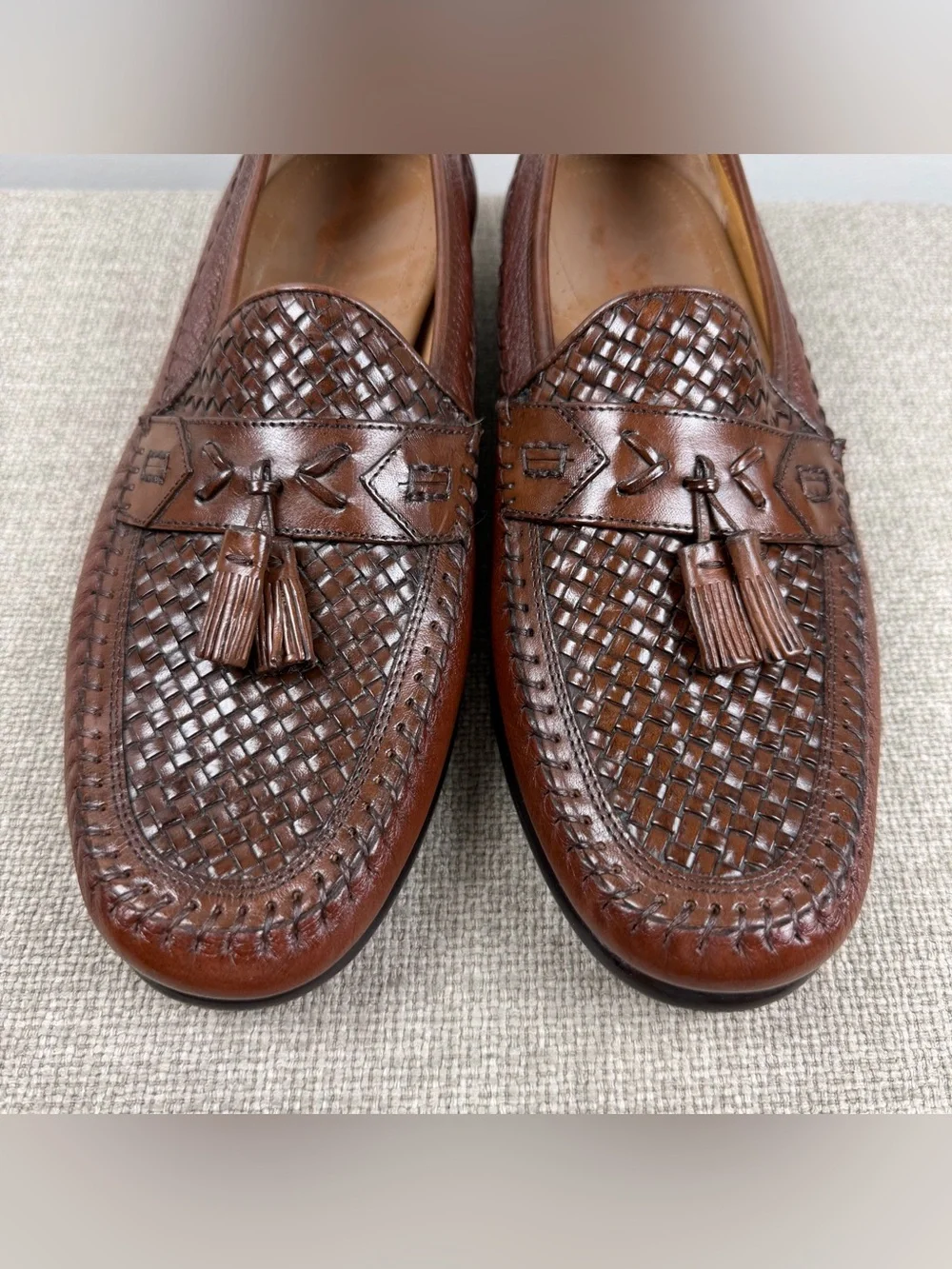 Brass Boot Men's 10 Brown Leather Woven Tassel Loafers Shoes Academia Preppy